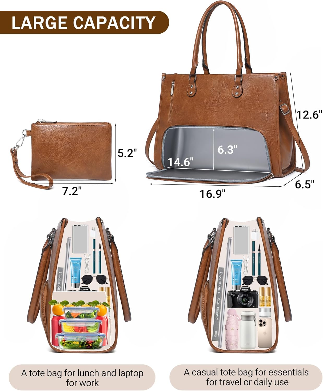 Leather Work Laptop Bag - 女性向け仕事用2in1ラップトップトートバッグ、断熱ランチコンパートメント付き、PUレザーランチバッグ、15.6インチコンピューターコンパートメント付き
