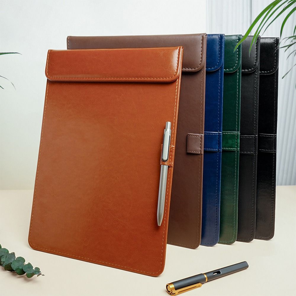 Leather Work Folder - ポータブル PU レザーライティングクリップボード ペン挿入付き 磁気吸着メニューフォルダー 署名ライティングパッド