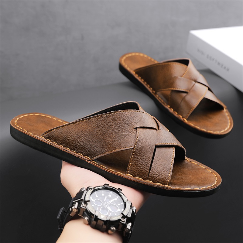 Leather Work Flats - 本革メンズカジュアルサンダル夏メンズスリッパ屋外通気性ビーチシューズ快適なフラット男性フリップフロップサイズ 48