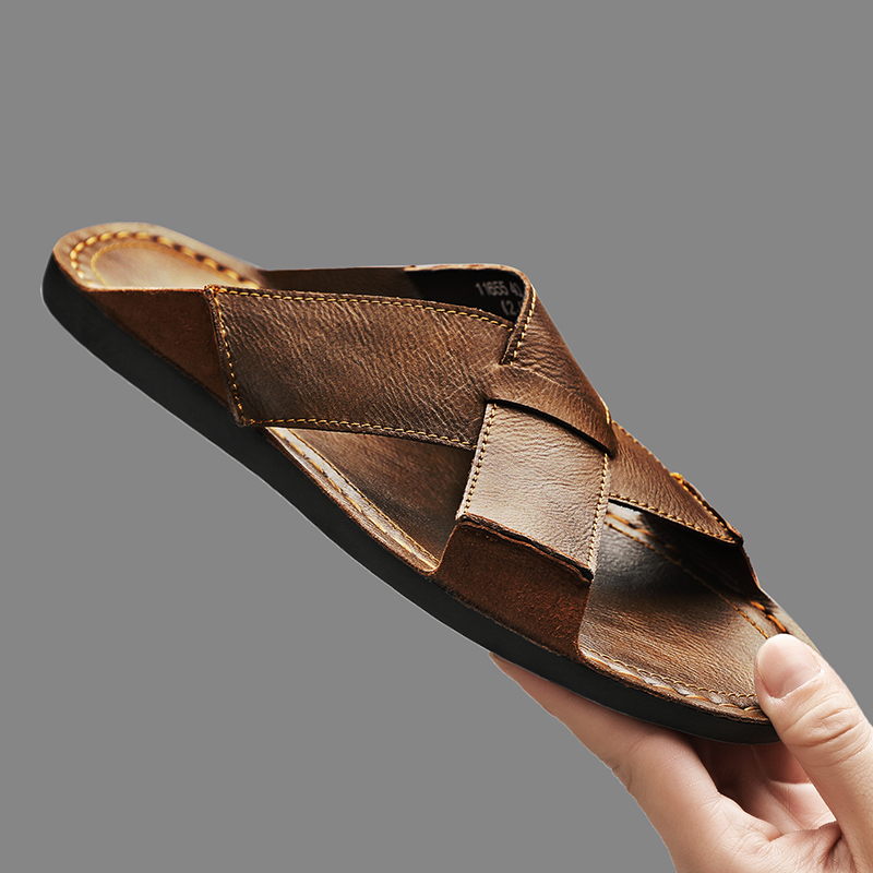 Leather Work Flats - ファッション本革メンズスリッパ夏の男のサンダル屋外ビーチシューズ高品質カジュアルシューズ快適なビーチサンダル
