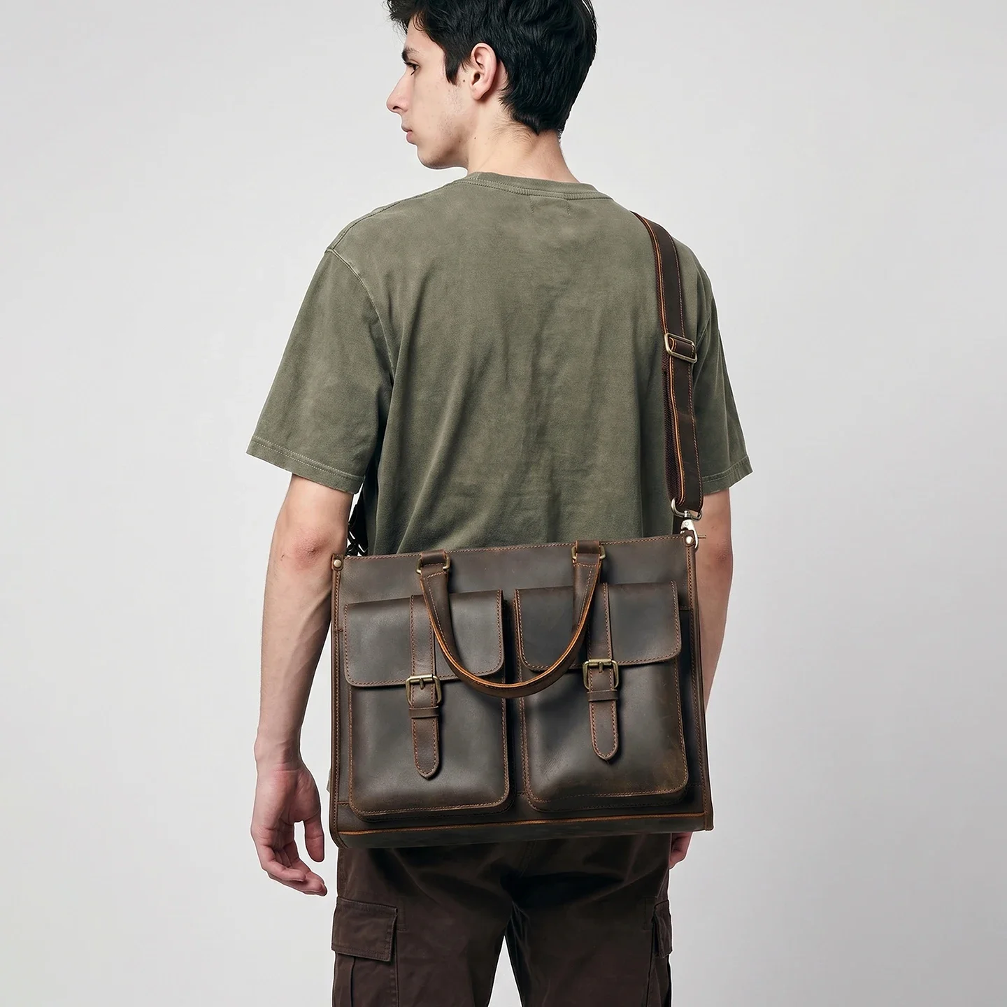 Leather Work Laptop Bag - ヴィンテージ本革メンズクロスボディショルダーブリーフケースクレイジーホースレザーハンドバッグ通勤通学14インチノートパソコン対応メッセンジャーバッグ