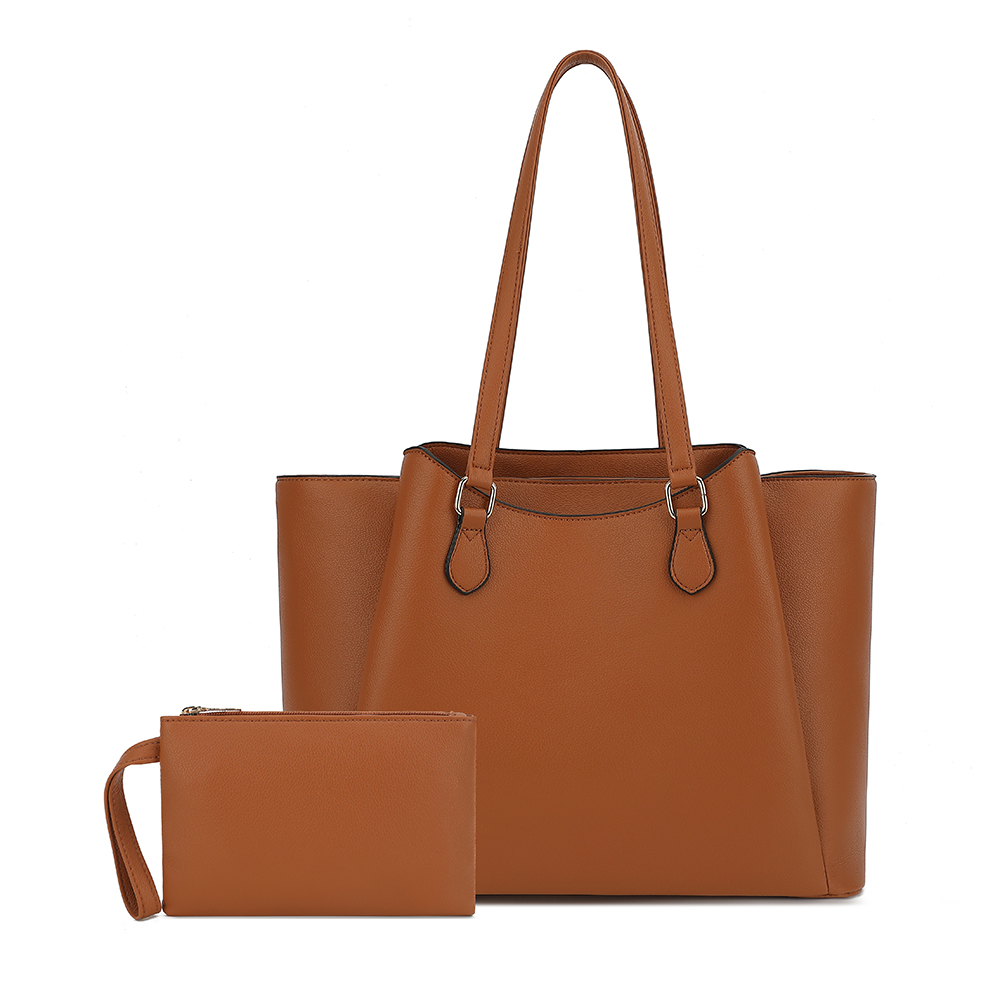 Leather Work - 女性用トートバッグ、ポーチ付き大型PUレザーショルダーハンドバッグ、13.5インチのラップトップ用ワークトラベルショッパーバッグ、ブラウン、オフィス用
