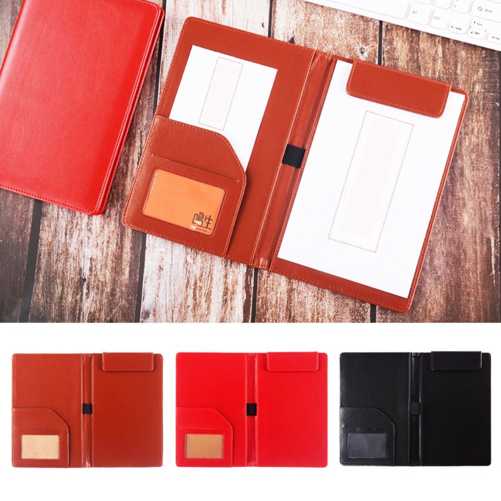 Leather Work Folder - PUレザーA5ファイルフォルダ、カードスロット付き、伸縮性ペンホルダー、ビジネスミーティング契約書クリップ、防水、注文書類、メモホルダー