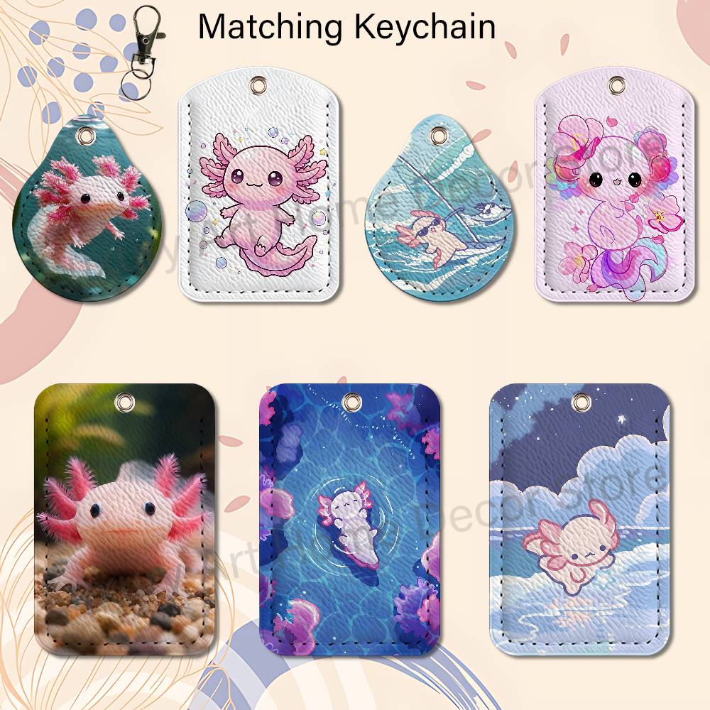 Leather Work - かわいいピンクの A-Axolotl 漫画ホルダーキーホルダー仕事用カード銀行ビジネスホルダー学生カード保護ケースバスカード