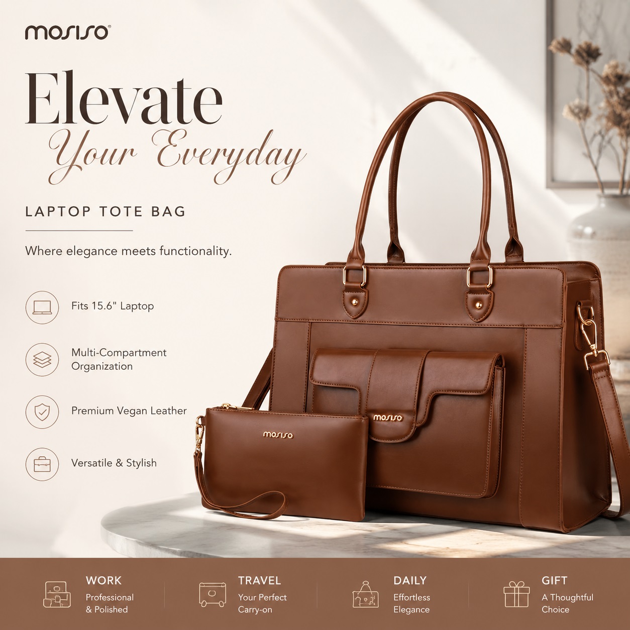 Leather Work Laptop Bag - MOSISO ラップトップトートバッグ 女性用 15.6インチ PUレザー 防水
