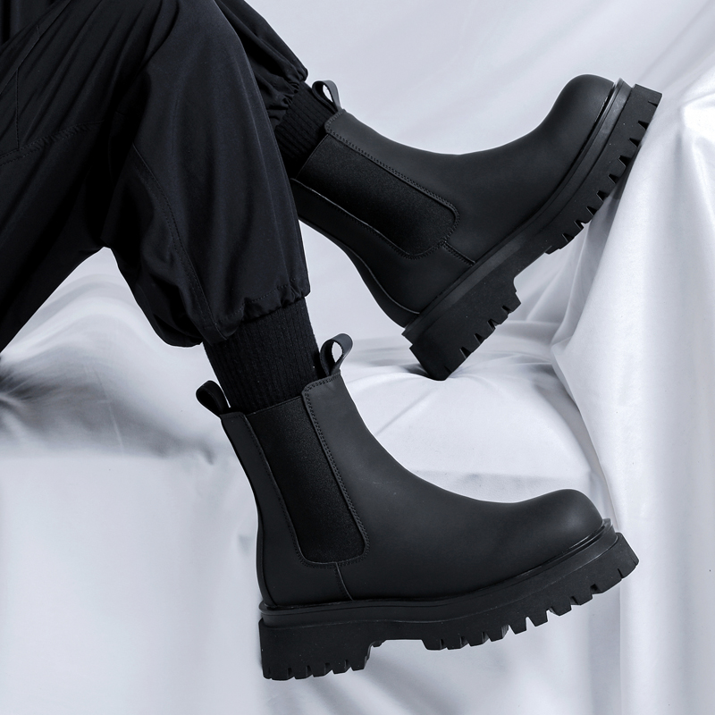 Leather Work Flats - 2026プラットフォームブラックハイカットブーツ メンズ ハイヒール 本革 アンクルチェルシーブーツ メンズ
