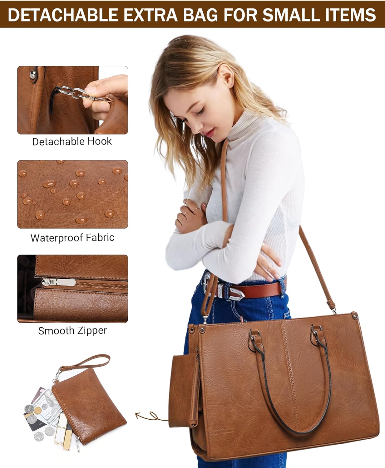 女性向け仕事用2in1ラップトップトートバッグ、断熱ランチコ - Leather Work Laptop Bag のレビューと価格
