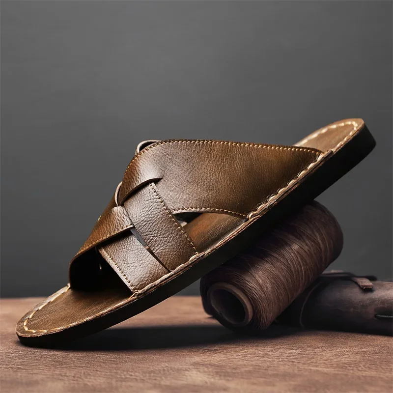 本革メンズカジュアルサンダル夏メンズスリッパ屋外通気性ビーチ - Leather Work Flats のレビューと価格