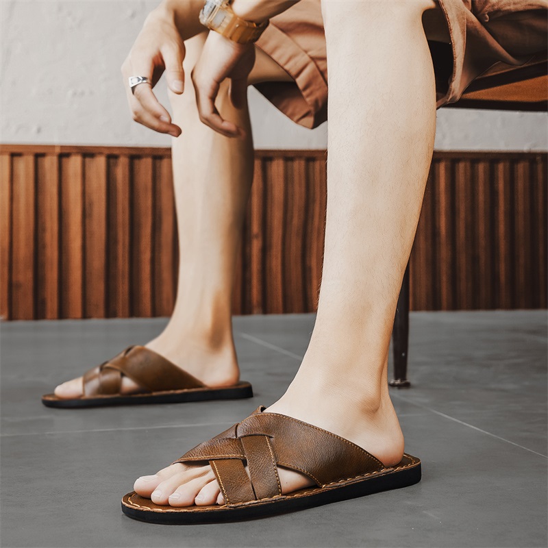 本革メンズカジュアルサンダル夏メンズスリッパ屋外通気性ビーチ - Leather Work Flats のレビューと価格