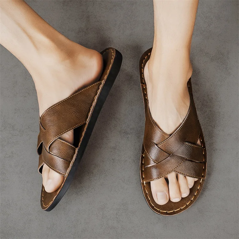 本革メンズカジュアルサンダル夏メンズスリッパ屋外通気性ビーチ - Leather Work Flats のレビューと価格