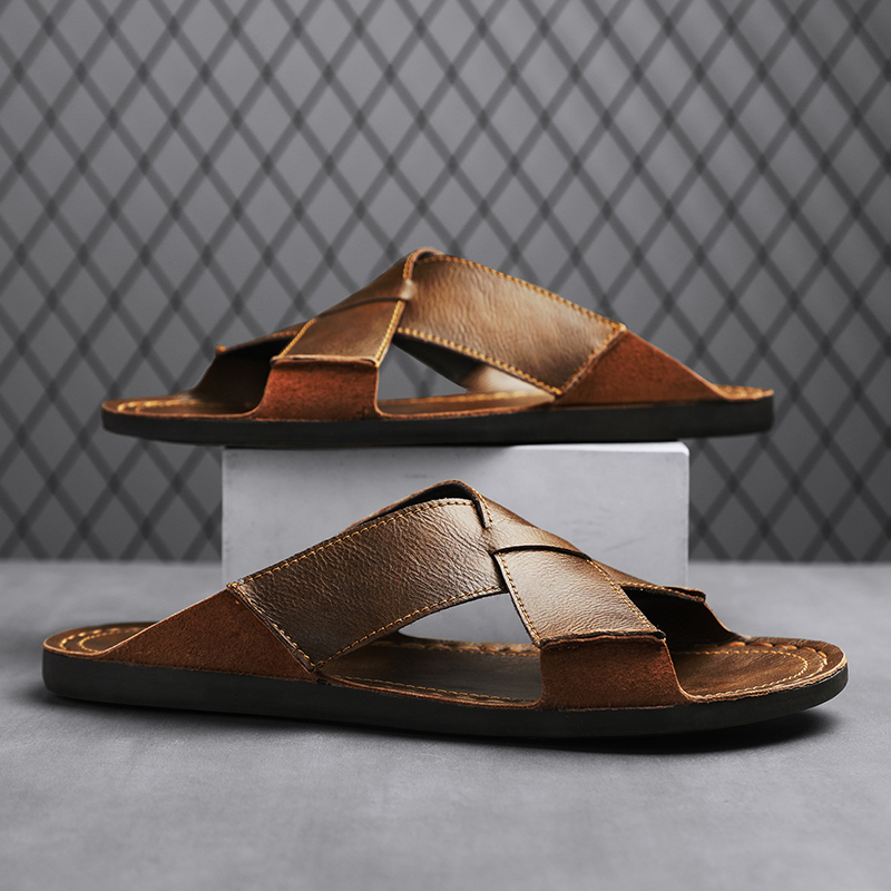 ファッション本革メンズスリッパ夏の男のサンダル屋外ビーチシュ - Leather Work Flats のレビューと価格