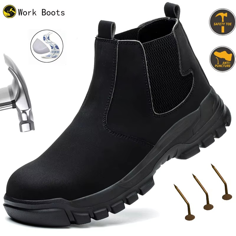 防水男性の安全ワークブーツ鋼つま先の靴耐衝撃性と抗穿刺保護ブ - Leather Work Flats のレビューと価格