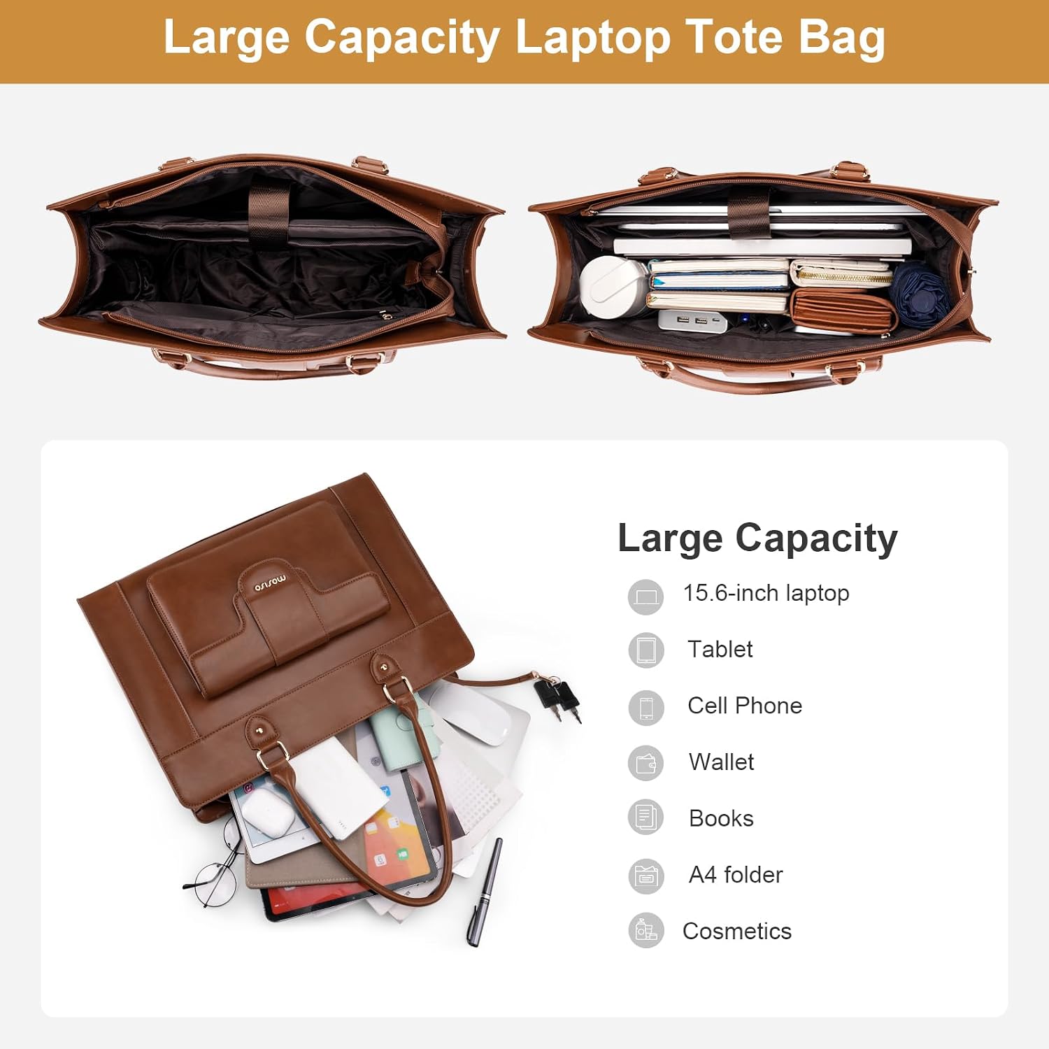MOSISO ラップトップトートバッグ 女性用 15.6イン - Leather Work Laptop Bag のレビューと価格